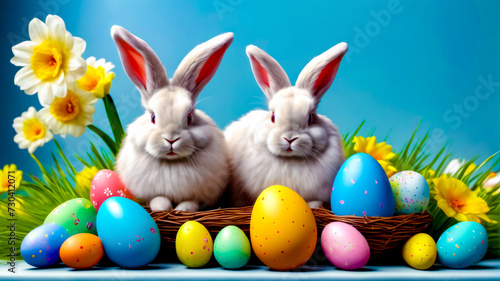 Two white rabbits sitting next to each other in basket with easter eggs.