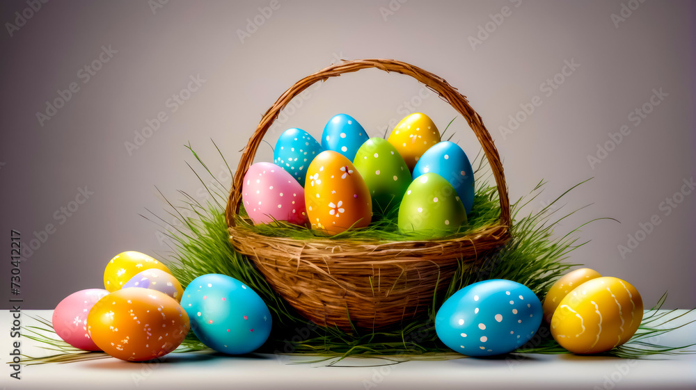 Basket filled with colorful eggs sitting on top of grass covered ground. Basket filled with colorful eggs sitting on top of grass covered ground.