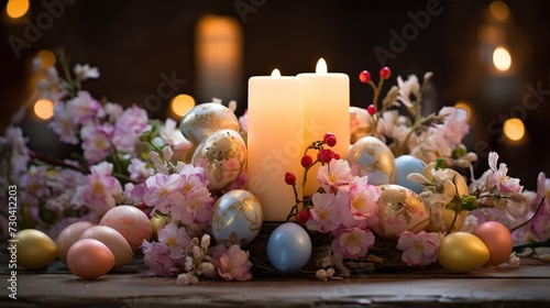 Easter candle and eggs, photo in light colors, plain background