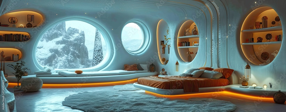 Fototapeta premium Futuristic-looking bedroom in turquoise-blue neon tones, storybook style