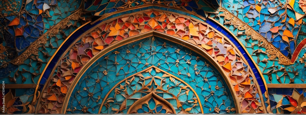 The mosque's intricately detailed wall, resembling a radiant crystal dome, shimmers with vibrant hues, evoking awe-inspiring beauty and divine serenity.
