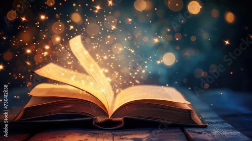 Magic Book With Open Antique Pages And Abstract Bokeh Lights Glowing In Dark Background - Literature And Education Concept