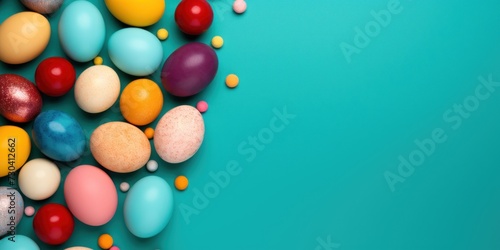 Teal background with colorful easter eggs round frame texture
