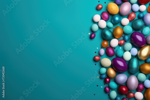 Teal background with colorful easter eggs round frame texture