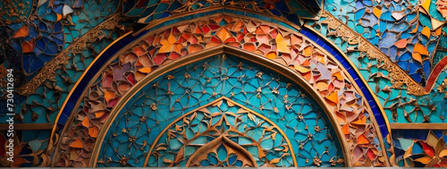 The mosque's intricately detailed wall, resembling a radiant crystal dome, shimmers with vibrant hues, evoking awe-inspiring beauty and divine serenity.