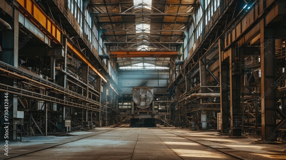 Obraz premium The interior of a big industrial building or factory with steel constructions