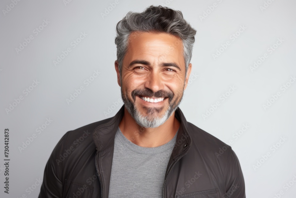 Handsome middle-aged man looking at camera and smiling while standing against grey background Handsome middle-aged man looking at camera and smiling while standing against grey background