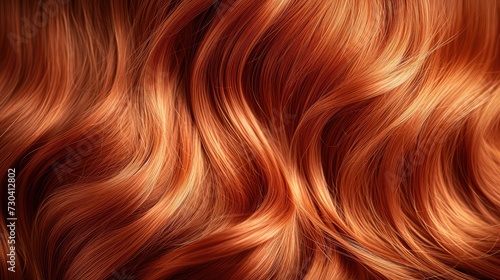 Red hair close-up as a background. Women s long orange hair. Beautifully styled wavy shiny curls. Hair coloring bright shades.