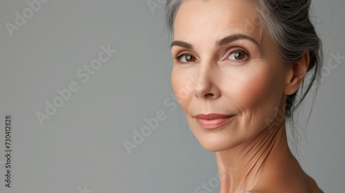 She takes good care of her skin. Studio portrait of a beautiful mature woman posing against a gray background.