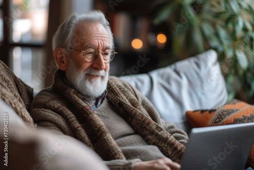 Old Man Sitting on Couch Using a Laptop photo