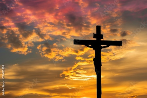 A cross is silhouetted against a sunset sky Easter greeting card with sunset sky
