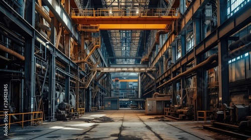 The interior of a big industrial building or factory with steel constructions