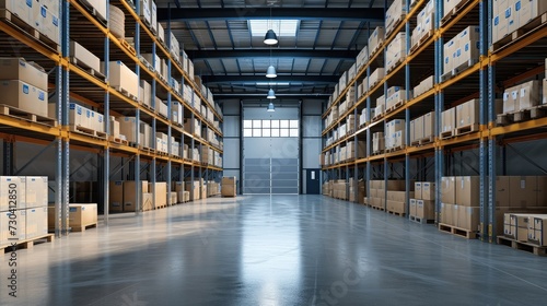 warehouse interior with shelves, pallets and boxes © buraratn