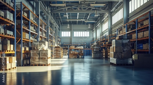warehouse interior with shelves, pallets and boxes © buraratn