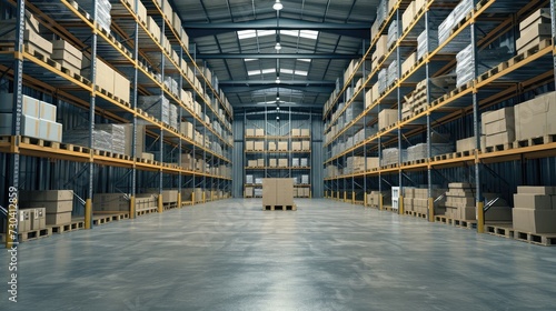 warehouse interior with shelves, pallets and boxes