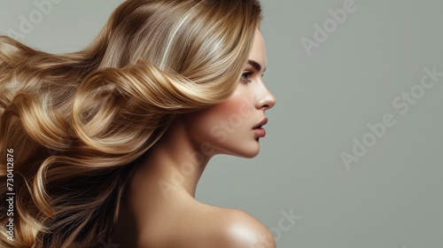 woman shiny long wavy hair up. side view. grey background