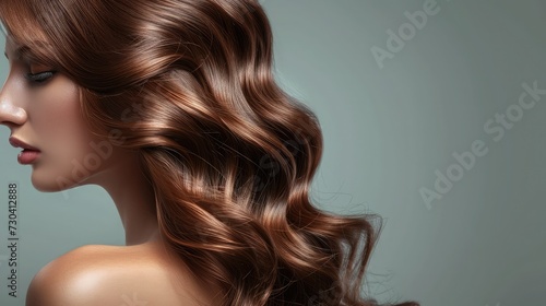 woman shiny long wavy hair up. side view. grey background
