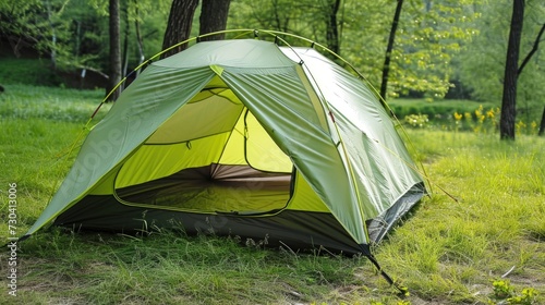 A tent is set up in the woods