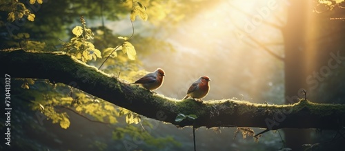 Two birds perch peacefully in a fores photo