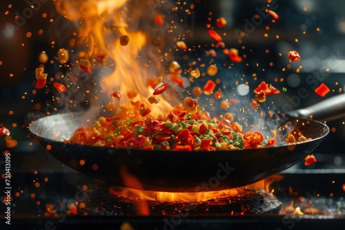 A Wok Filled With Food on Top of a Stove