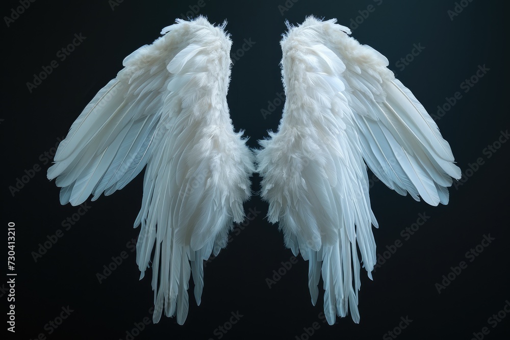 Fototapeta premium Angel wings isolated on the black background, fantasy feather wings for fashion design, cosplay and dress up party