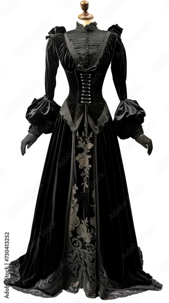 A black dress on a mannequin stand, victorian dress design on white background.