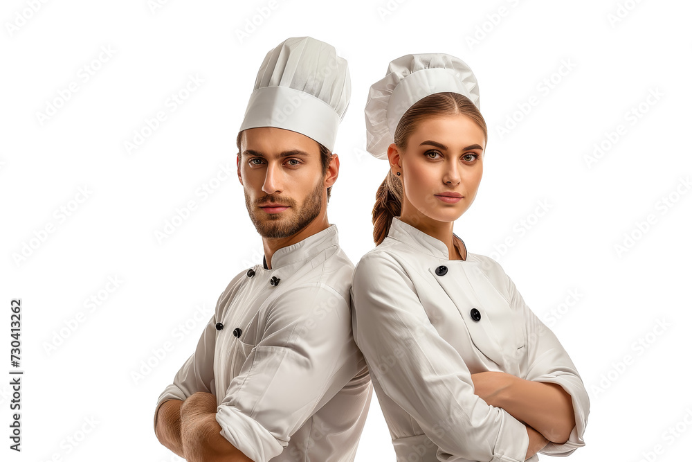 Male and Female team of Baker chefs in uniform standing near to each other back to back isolated on transparent background, enhanced version