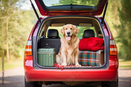 Friendly retriever enjoys the ride in a car's trunk