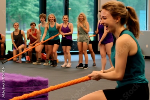 A group of athletes in a gym undergoing intense pole vault training