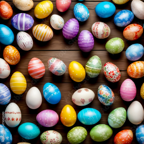 Group of colorfully painted eggs on wooden table with brown background.