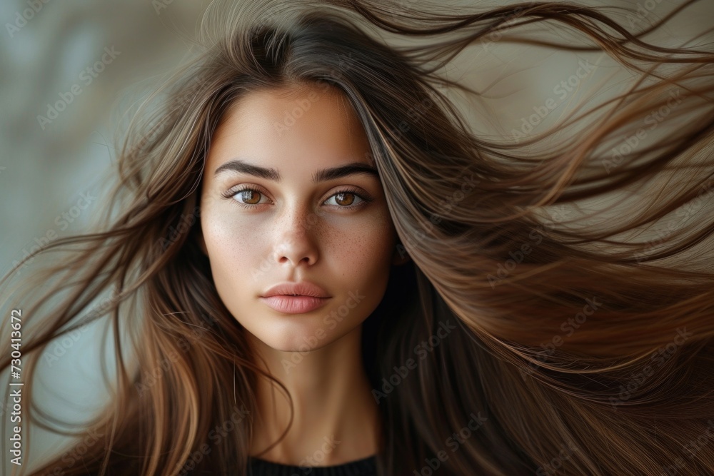 Woman With Long Brown Hair Blowing in the Wind Woman With Long Brown Hair Blowing in the Wind