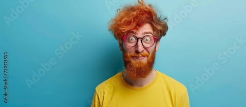 Red-haired man with beard and funny wig looks relaxed and serious while cheering at the camera.