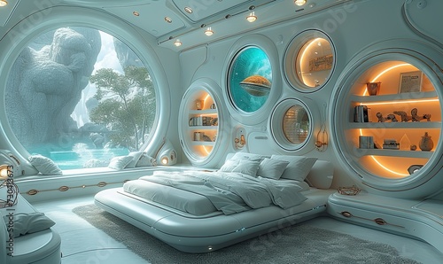 Fantastic space bedroom interior in delicate blue color with neon lighting, with rounded shapes