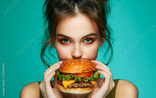 Beautiful woman with hamburger 