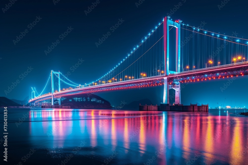 A night view of a suspension bridge illuminated with colorful lights