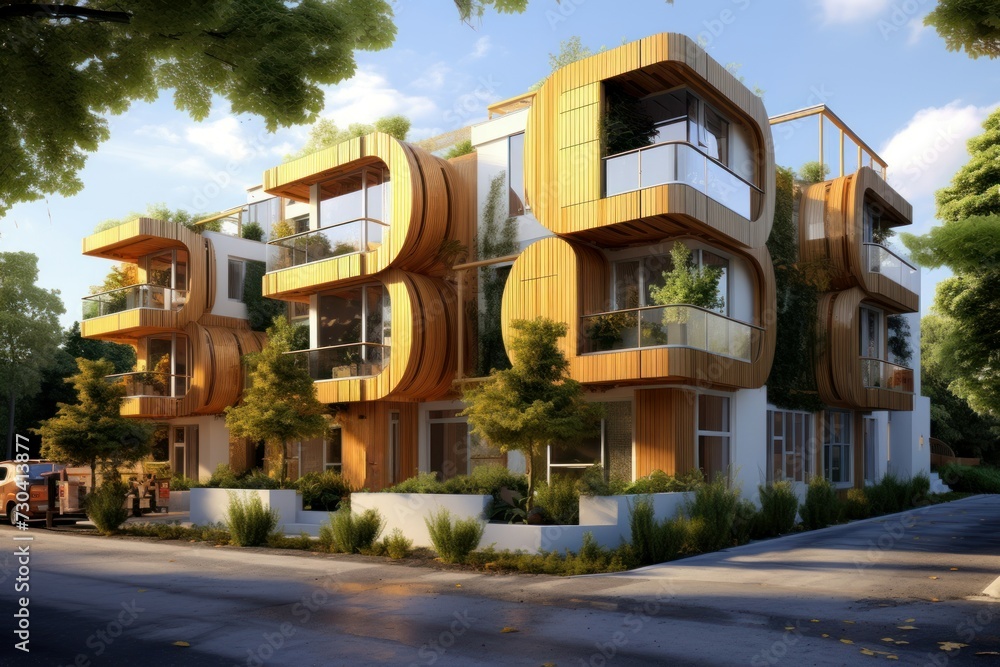 Serene Modern eco friendly homes at morning sunrise. Apartment home sun industry living. Generate Ai