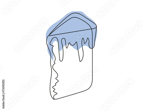 Continuous line drawing of Easter Kulich cake with colored icing. A slice of cupcake. Vector isolated on white a background. Design element. For print, greeting, postcard, scrapbooking.