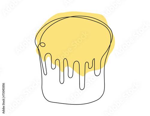 Continuous line drawing of an Easter Kulich cake with colored icing. Traditional Ukrainian Easter cupcake. Vector isolated on white background. Design element. For print, greeting, scrapbooking