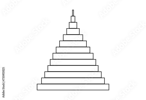 Black step pyramid on white background. Pyramid consisting of horizontal rectangles. Black outline. Triangle. Simple geometric design. Logo  icon  pictogram. Vector on a white background