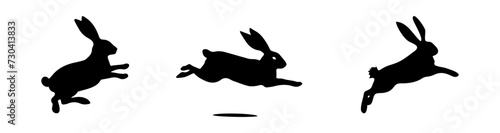 Set of Jumping Rabbit silhouettes. Easter bunnies. Isolated on a white backdrop. A simple black icons of hares. Cute animals. Ideal for logo, emblem, pictogram, print, design element for greeting