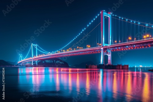 A night view of a suspension bridge illuminated with colorful lights © furyon