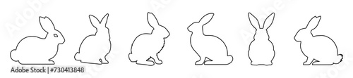 Collection of rabbits in outline. Easter bunnies. Isolated on a white background. A simple black icons of hares. Cute animals. Perfect for logo, emblem, pictogram, print, design element for greeting