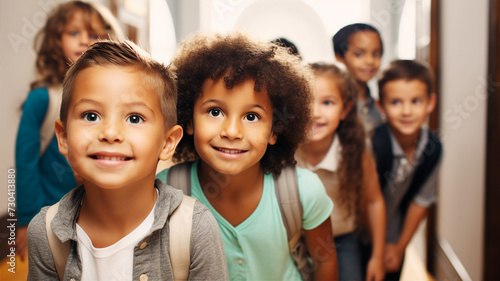 Group of diverse schoolchildren smiling in corridor