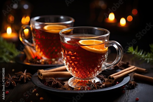 Hot mulled apple cider, a spiced embrace. Cinnamon sticks, cloves, anise, a fragrant space. Wooden table, a cozy base. Aromas swirl 
