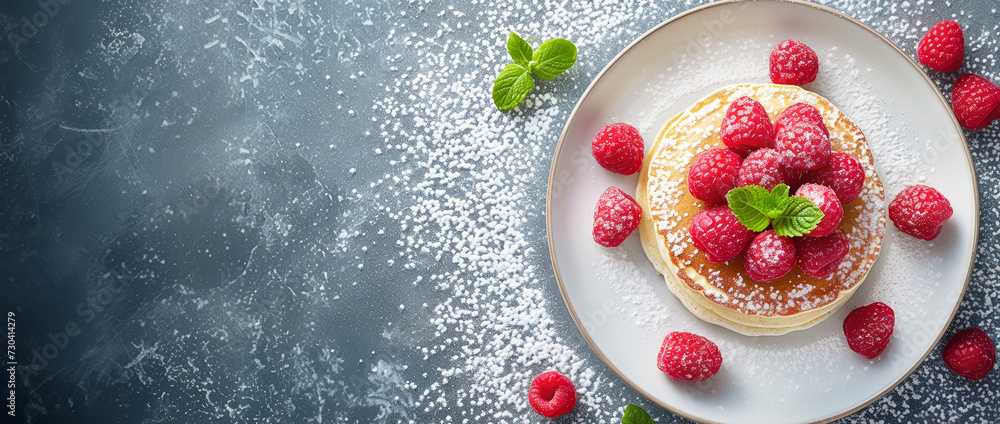 Pancakes with raspberries and powdered sugar on a gray marble background. place for the text