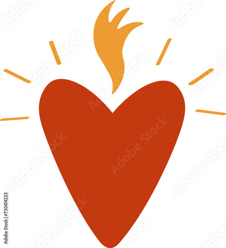 Heart flaming fire hand drawn cartoon vector illustration festive design for Valentine day, congratulation. Background card with hot heart for print, logo, icon, paper, postcard, banner, flyer