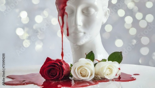 manequim com sangue escorrendo e flores, conceito horror photo