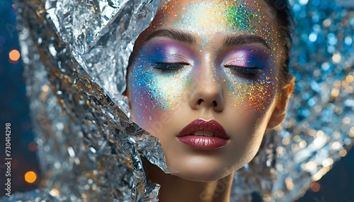 rosto mulher glitter maquiagem colorida cercada por papel alumínio, conceito photo