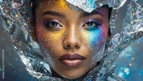 rosto mulher modelo glitter maquiagem colorida cercada por papel alumínio, conceito photo