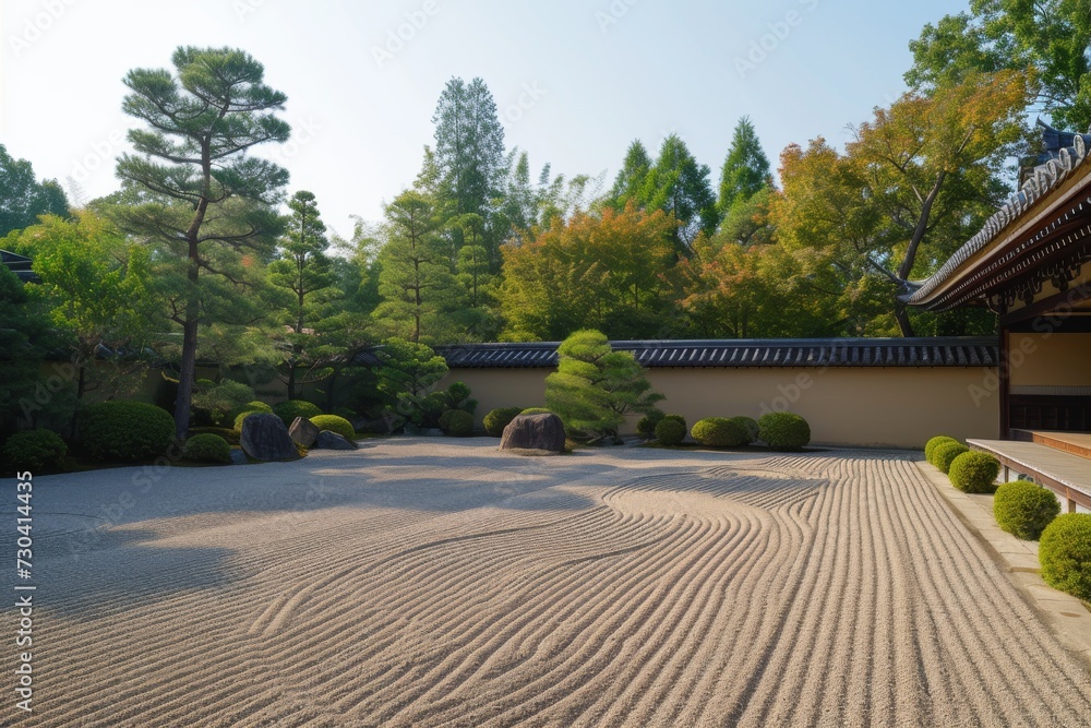 A serene Japanese Zen garden with raked gravel and minimalistic design A serene Japanese Zen garden with raked gravel and minimalistic design